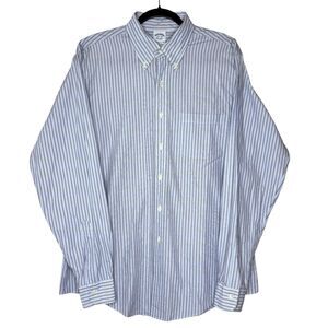 BROOKS BROTHERS Mens 16-1/2/36 Slim Fit Blue & Brown Stripe Button-Down Shirt